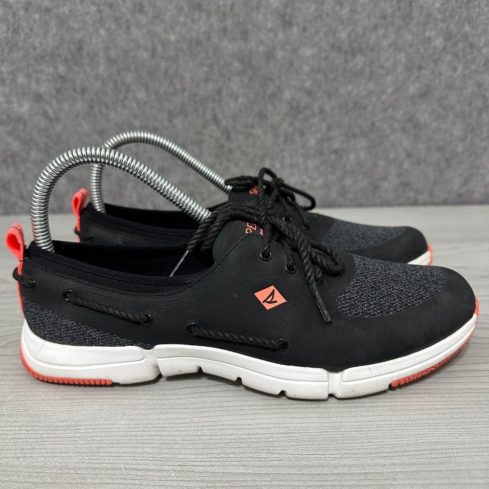 Sperry Black Knit Lace-Up Sneakers with Coral Highlights
